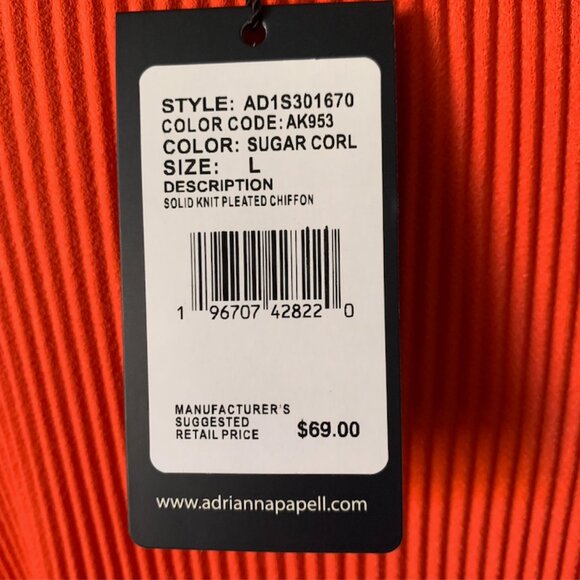 ADRIANNA PAPELL Coral top pleated chiffon ruffle sleeves large - Picture 7 of 8